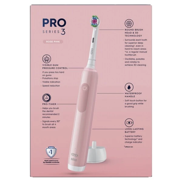 Oral B Oral-B Pro 3 3500 White/Pink Toothbrush With Case - Image 3